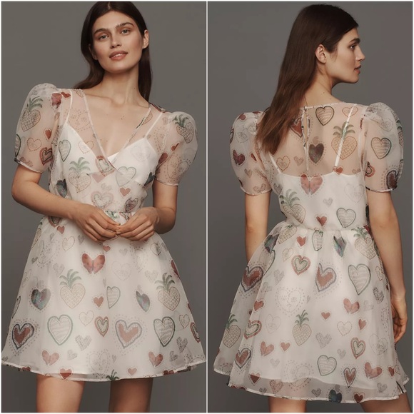 Farm Rio x Anthropologie Dress Semi Sheer Puff Sleeve Heart Print Babydoll XS
